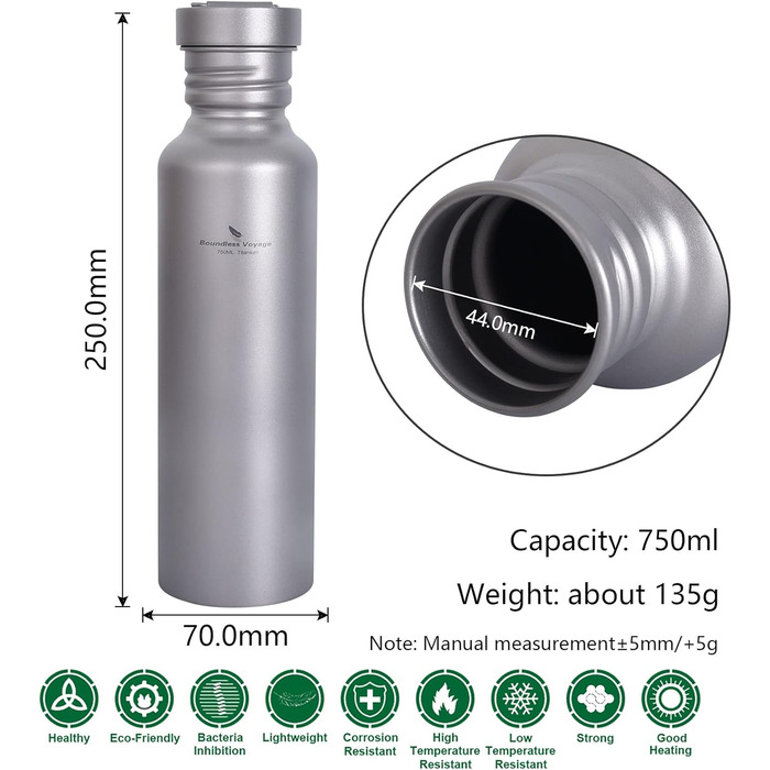 Титанова пляшка для пиття з широким горлом і герметичною кришкою та гачком 750 мл. iBasingo