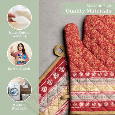 Рукавички для духовки, прихватки для каструль Maison d&39 Hermine, 100 бавовна, термостійкі кухонні рукавички, рукавички для духовки (19 x 33 см) та прихватки для каструль (20 x 20 см) для приготування їжі, Morzine - Рукавички для духовки (19 x 33 см) та 