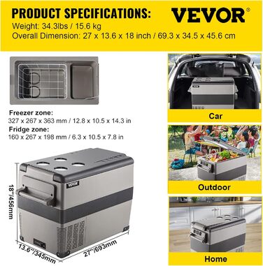 Автомобільний холодильник VEVOR 35L, компресорний холодильник, коробка-холодильник з нержавіючої сталі, ізольована коробка для свят, міні-холодильник, автомобільний холодильник з розеткою 35L (45L)
