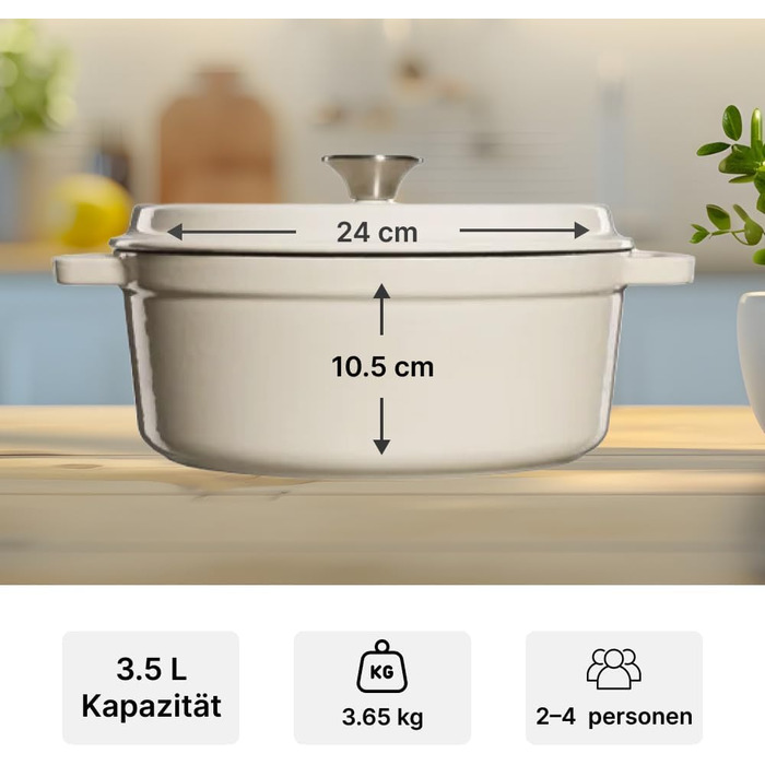 Чавунна жаровня 3,5 л з кришкою 24 см, біла GRAND FEU