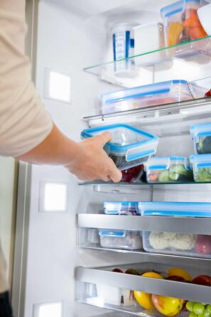 Набір контейнерів для зберігання харчових продуктів EMSA Clip & Close, прямокутні, 5 x 0,8 л, коробки для зберігання, 100 герметичні, придатні для миття в посудомийній машині, морозильної камери та мікрохвильової печі, прозорі, сині, зроблені в Німеччині,