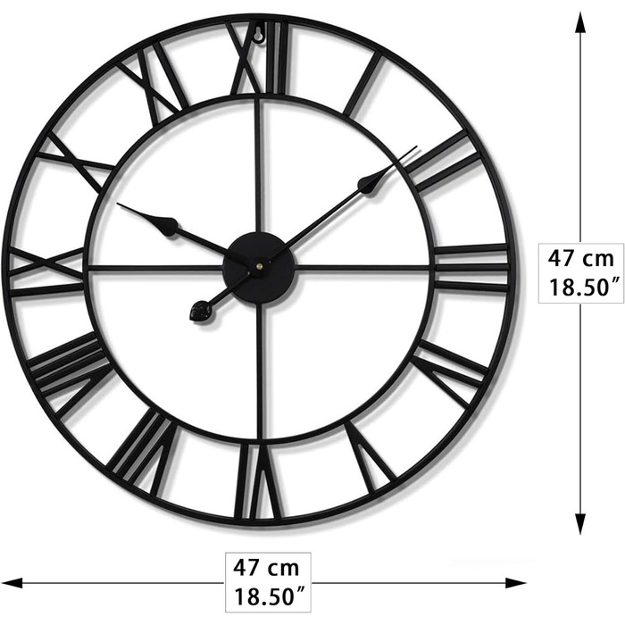 Великий вінтажний круглий металевий настінний годинник безшумний нецокаючий на батарейках 40 см 16 дюймів римські цифри годинники для вітальні, спальні, кухні настінний годинник прикраса (чорний, 47 см)