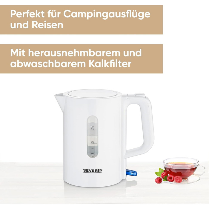 Набір дорожніх чайників SEVERIN, міні-дорожній чайник на 0,5 л, електричний чайник з 2 пластиковими чашками та 2 ложками, матова нержавіюча сталь/чорний, WK 3647 (білий)