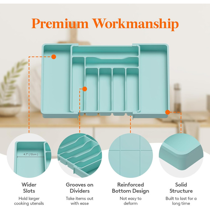 Органайзер для столових приборів 57 х 38 см для шухляд, 9 відділень, бірюзовий Lifewit