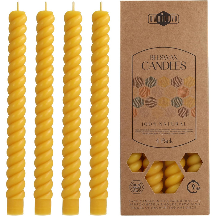 Набір з 4 конічних спіральних свічок 2 х 25 см з бджолиного воску, жовтий Danilovo