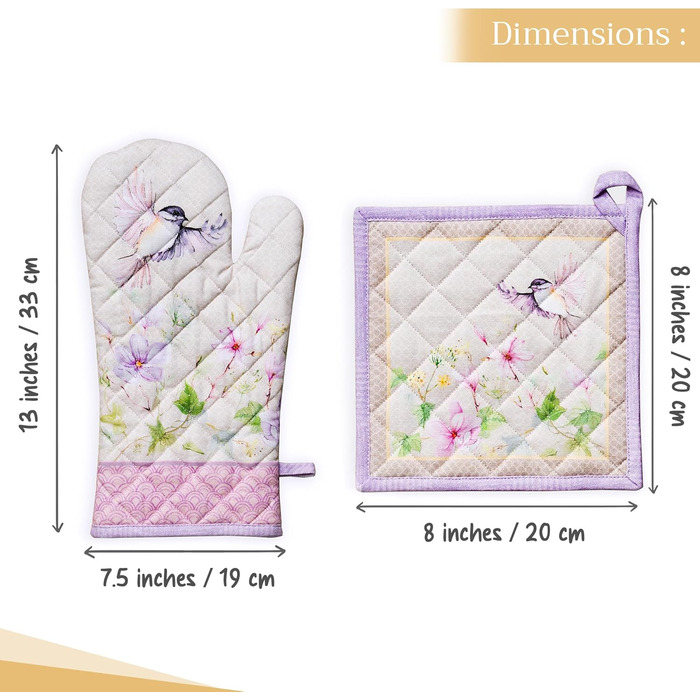 Рукавички для духовки Maison d&39 Hermine, Прихватки для каструль, 100 бавовна, термостійкі кухонні рукавички, рукавички для духовки (19 x 33 см) та прихватки для каструль (20 x 20 см) для приготування їжі, Morzine - Рукавички для духовки (19 x 33 см) та 