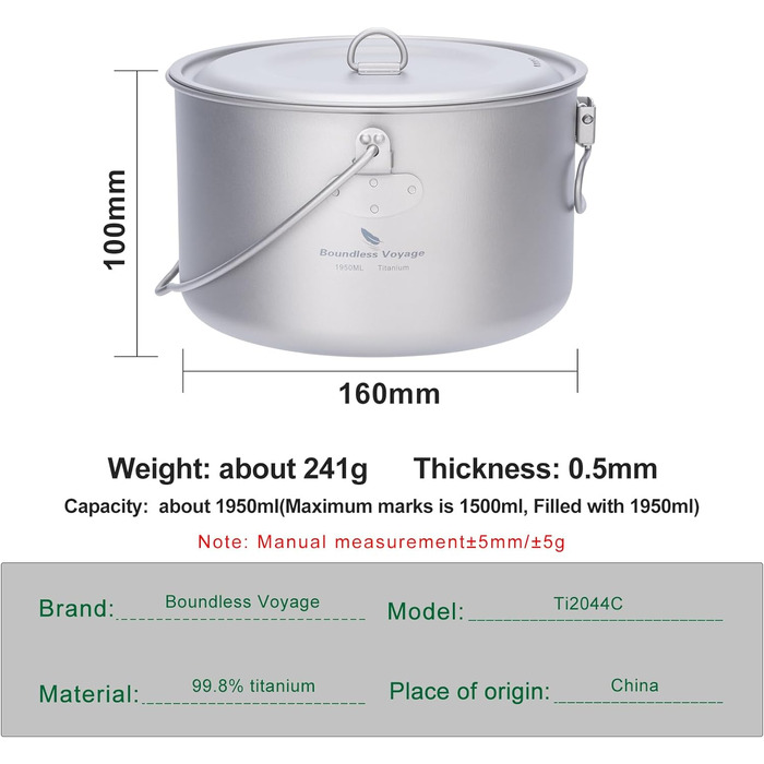 Безмежна подорож на відкритому повітрі 750 мл 800 мл 1100 мл 1300 мл Титановий горщик з кришкою Складна ручка для застави Кемпінг Піші прогулянки Пікнік Ультралегкий портативний пляшка для води Чашка Кухоль Набір свиней (банка 1950 мл)