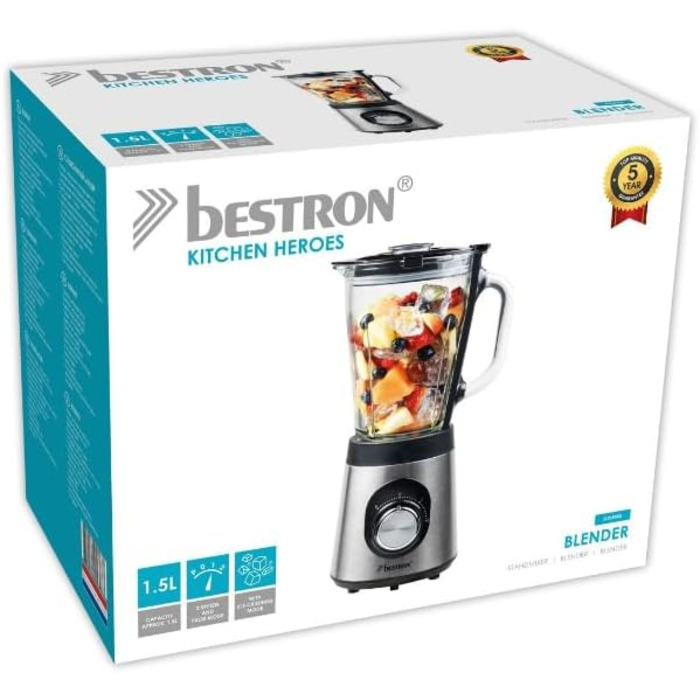 Блендер Bestron, з двома режимами швидкості та імпульсною функцією, контейнер можна мити в посудомийній машині, 500 Вт, 1,5 літра, колір (сріблястий)
