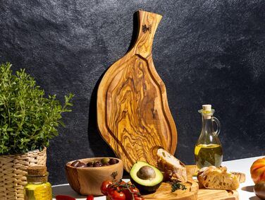 Дошка для стейків з оливкового дерева, дошка з оливкового дерева Обробна дошка, дерев'яна дошка, дошка для сервірування, дошка для сніданку, сирна дошка сільська довжиною приблизно від 40 до 43 см, товщиною приблизно 2 см (43-45 см, сільська з жолобком дл