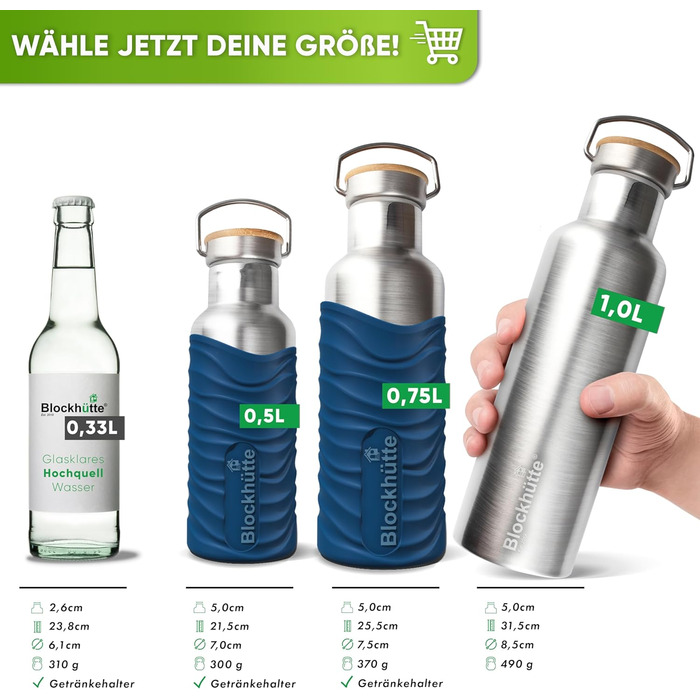 Ізольована пляшка для пиття преміум-класу з нержавіючої сталі 1л з натуральною щетиною Герметична ізольована пляшка Ізольована пляшка для університету, офісу, яку можна мити в посудомийній машині Без BPA (синій)