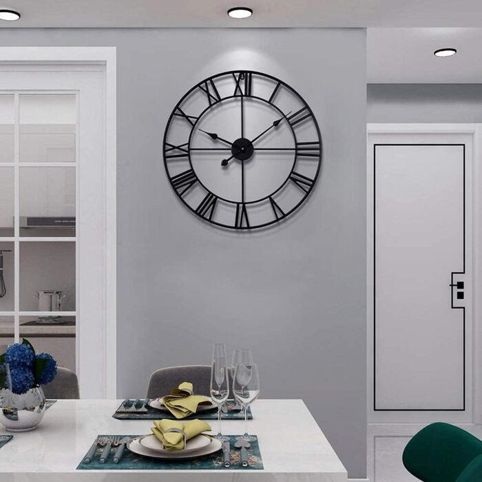 Великий вінтажний круглий металевий настінний годинник безшумний нецокаючий на батарейках 40 см 16 дюймів римські цифри годинники для вітальні, спальні, кухні настінний годинник прикраса (чорний, 47 см)