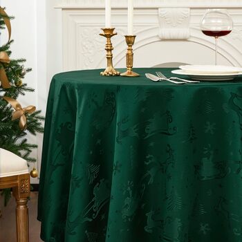 Маленька різдвяна скатертина Romanstile, яку можна прати та вона водовідштовхувальна, жакардові олені та ялинка, квадратна скатертина для журнального столика, святкова, подарункова ( 160 см, темно-зелена)