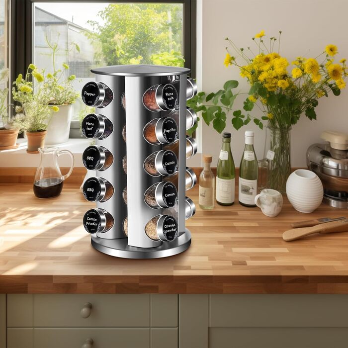 Квадратна стійка для спецій Miorkly з 20 круглими банками для спецій, карусель для спецій з нержавіючої сталі, що обертається на 360, органайзер для спецій, підставка для спецій, що стоїть, банки для спецій зі спринклерною вставкою, банка для спецій, теги