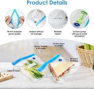 Набір з 15 вакуумних пакетів для продуктів з насосом 21,7 х 20,9/21,7 х 28/ 25,8 х 33,7 см Vachelper