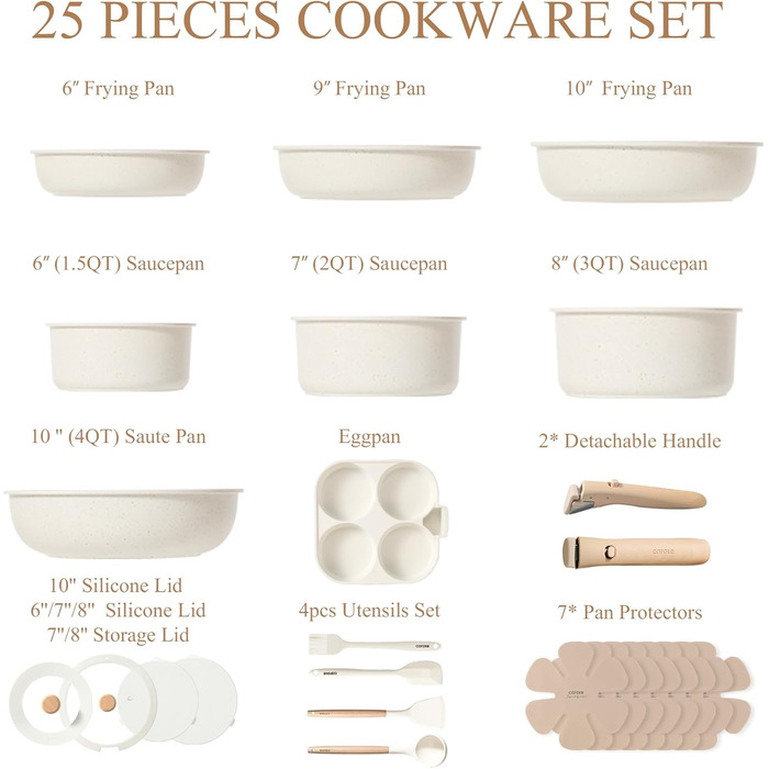Набір кухонного посуду з 25 предметів, кремовий CAROTE