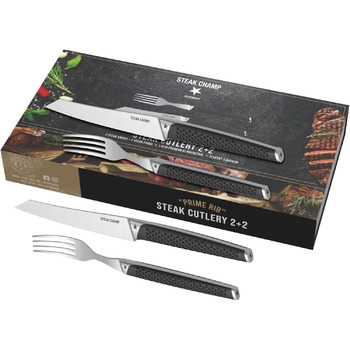 Вилка та ніж для стейка для м&39яса Steakchamp, 2 х 2 шт. виделки та ножі із сталевого леза, з мікрохвильовим помелом, набір з 4 шт., включаючи дерев&39яну коробку