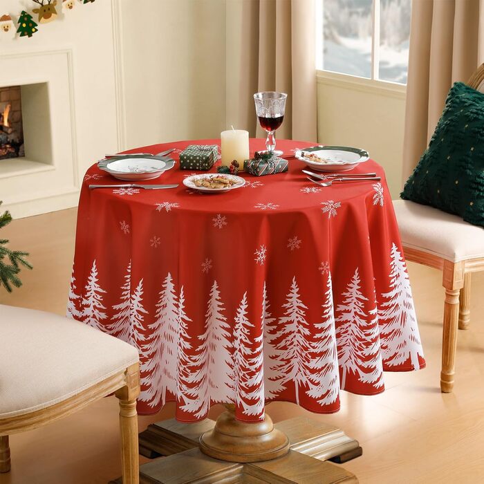 Велика різдвяна скатертина Softalker, яку можна прати, 300x150 см, сучасні різдвяні скатертини зі сніжинками та ялинковим мотивом для різдвяної вечері, сімейного свята, новорічної ночі, вулиці, кухні (180 см (кругла), червона)