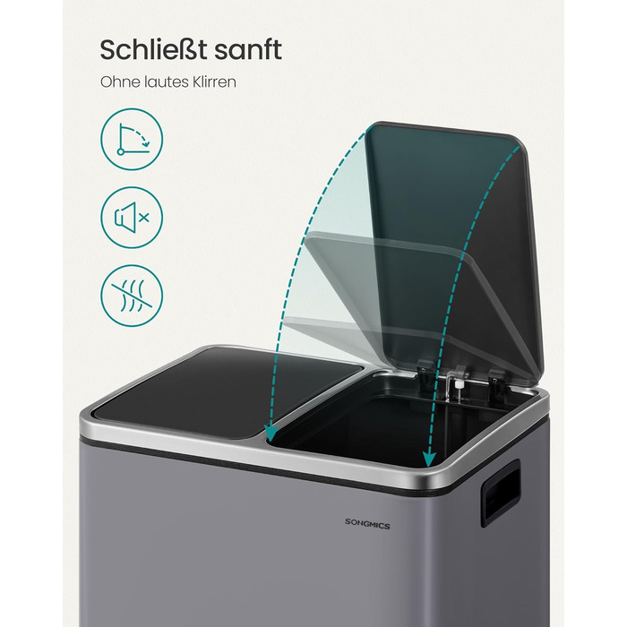 Кухонний кошик для сміття, 2 x 15 літрів, система розділення сміття, 2 відділення, включаючи 15 мішків для сміття, відро для сміття, відро для сміття на педалі, перероблені відходи, органічні відходи, кришка з мяким закриттям, LTB30BK (матово-сірий)