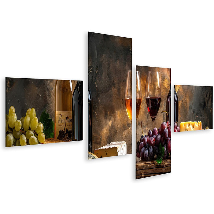 Друк на полотні Сільський натюрморт з пляшками вина, келихами, виноградом, сиром, хлібом на дерев&39яному столі Картини Настінний художній постер (полотно 150x80 см - 4 частини)