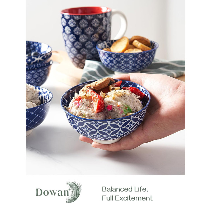 Керамічні миски DOWAN для пластівців, n десертні миски на День подяки та Різдво, великий набір супових мисок для макаронів, салату, морозива та вівсяних пластівців, набір із 6 шт. (300 мл, вінтажний синій)