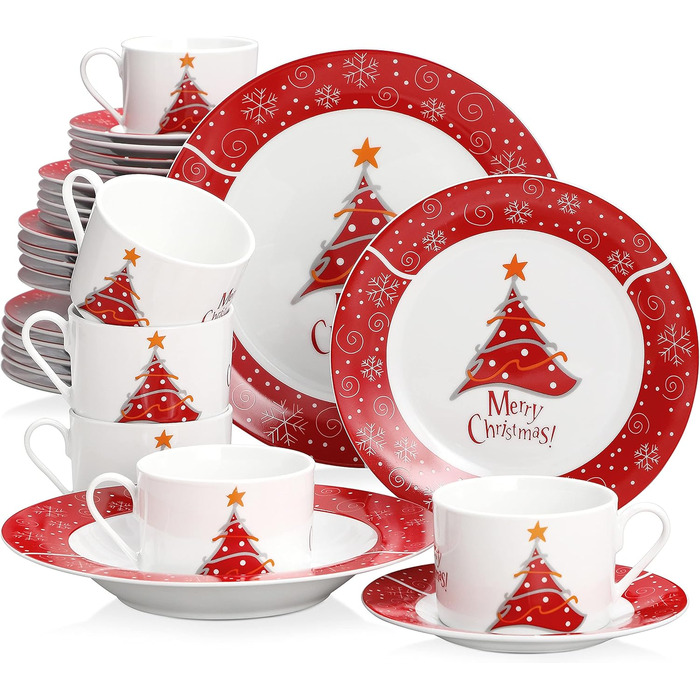 Серія 30-предметний порцеляновий різдвяний набір посуду на 6 осіб, різдвяний кавовий сервіз на 6 обідніх тарілок, 6 десертних тарілок, 6 супових тарілок, 6 кавових чашок та 6 блюдець (Christmastree-1, обідній сервіз на 30 предметів)