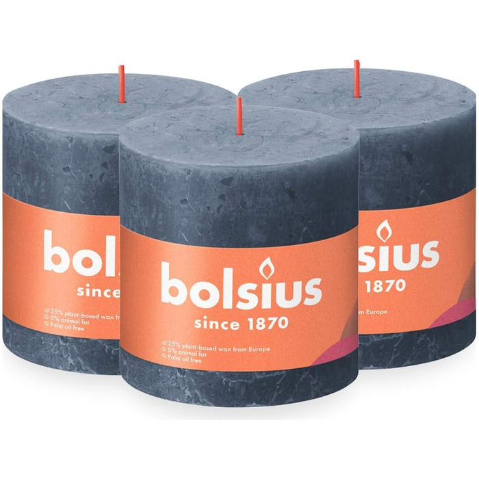 Свічка Bolsius Rustic Pillar XXL - 3 шт. и - 10 x 10 см - Декоративні побутові свічки - Час горіння 62 години - Без запаху - Містить натуральний рослинний віск - Без пальмової олії (темно-синя)