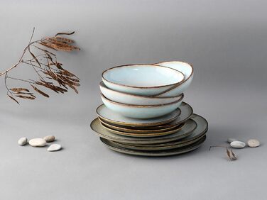 Серія Stone, набір посуду на 8 персон, сервіз з кам'яного посуду, можливість миття в посудомийній машині та мікрохвильовій печі, зроблено в Португалії (сервіз на 12 персон, сіро-зелений), 14437