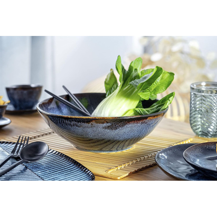 СПІВАЧКА Тарілка для пасти Токіо 4 шт., Тарілка для спагетті 4 персони, Набір посуду з кераміки Макарони, Тарілка з локшиною Можна мити в посудомийній машині, Миска для макаронів ручної роботи, Миска для макаронів синьо-чорна з коричневими вставками 1,2 л