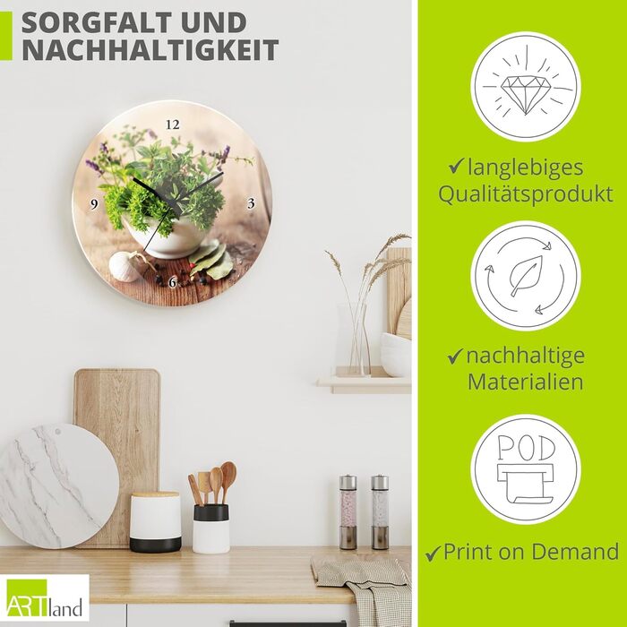 Настінний декор Настінний годинник без цокання Скло Ø 30 см Круглий Безшумний Фрукт Фрукти Апельсин у воді Фрукти Сучасна їжа T5UI (Різні трави, Кварцовий годинник)