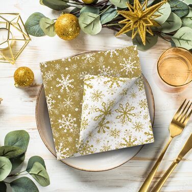 Серветки 3-шарові (33 x 33 см) I 20 шт. I Різнокольорові паперові серветки, ідеальні для різдвяного столу I Серветки - Різдво, зима, зірки, сніг, сніговики I (Подвійний дизайн різдвяних сніжинок, золотистий)