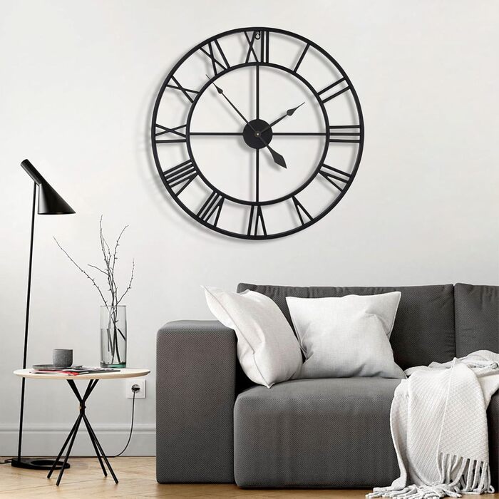 Великий круглий металевий настінний годинник у вінтажному стилі, безшумний, не цокаючий, працює від батареї, 40 см, 16 дюймів, римські цифри, годинники для вітальні, спальні, кухні, настінний годинник, прикраса (чорний, 80 см)