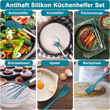 Набір силіконових кухонних гаджетів Herogo, набір кухонного посуду з 22 предметів Набір кухонних столових приборів із тримачем для посуду, термостійке кухонне начиння з ручкою з нержавіючої сталі, антипригарне та здорове (синій)
