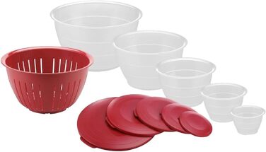 Набор мисок Westmark, 4 миски с крышками и дуршлагом, 9 шт., емкость 0,6/1,3/2,5/4,4 литра, пластик, не содержит бисфенола А, Olympia, цвет прозрачный/ 2420226A (набор из 1, красный)