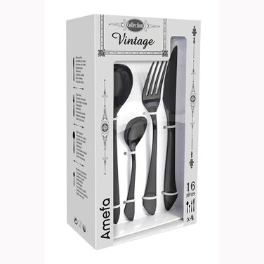 Набір столових приборів Amefa INSTINCT 4 персони 16 шт. Столові прибори PVD чорні матові у вінтажному стилі Набір столових приборів 4 персони нержавіюча сталь 18/0 матова 4 шт. столова виделка, столовий ніж, столова ложка та чайна ложка чорна по 16 шт.