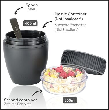 Стаканчик для пластівців Milu 400 мл з назвою MsliMax для йогурту герметичний стаканчик з ложкою (чорний, пластиковий)