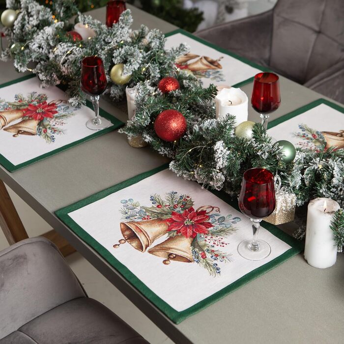 Різдвяна гобеленова скатертина Home of Christmas Скатертина на Різдво та Новий рік (Дзвіночок - Зелений (Без блискіток), Серветка 40x50 см)