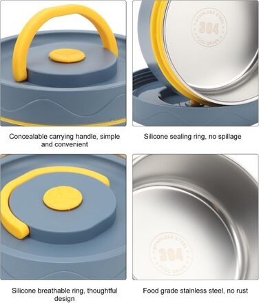 Термоконтейнер Tissting з ручкою, контейнер для гарячого обіду на 420 мл, коробка для обіду Bento, двошаровий портативний термоконтейнер круглої форми з нержавіючої сталі 304 (теплоізоляційна модель синій)