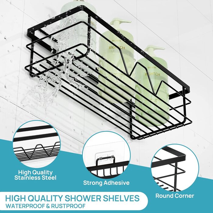 Душова полиця Vtopmart без свердління, органайзер для полиці для ванної кімнати з нержавіючої сталі, душова полиця для аксесуарів для ванної кімнати, полиця для душу чорна для шампуню та гелю для душу