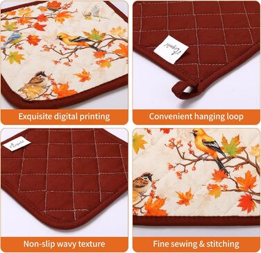 Набір з 2 різдвяних рукавиць для духовки та підставки для каструль Arquiel, 100 бавовняні кулінарні рукавички, термостійкі кухонні рукавички для приготування їжі, різдвяні подарунки для жінок (птахи, рукавиця для духовки підставка для каструль)