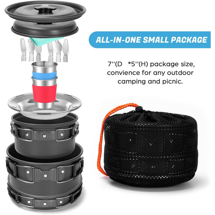 Набір посуду Odoland з каструлями та сковородою, розбірна чашка для столових приборів, на 1-2 особи, легкий та компактний для кемпінгу, походу, пікніка (кемпінговий посуд)