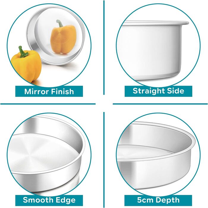 Большая форма для выпечки 20,3 см, нержавеющая сталь Herogo, круглая форма для выпечки, набор из 3 шт., слоеная форма для торта, формы для подноса на день рождения, глубина 5 см и бесшовный дизайн, прочный и пригодный для мытья в посудомоечной машине 20 с