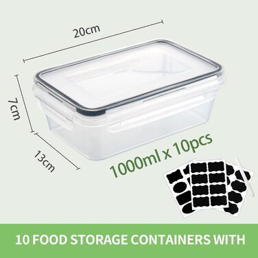 Контейнери для зберігання продуктів Hibisaws з 12 предметів з кришками, контейнери для заморожування, коробки для продуктів, без BPA та 100 герметичні, прозорі, 6 x 1 л та 6 x 0,5 л, коробки для приготування їжі, набір Tupperware (10 x 1 л)