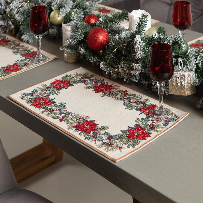 Дім різдвяної гобеленової різдвяної скатертини Скатертина на Різдво та Новий рік (Пуансетія з сосновими шишками (блискуча), серветка 35x45 см)
