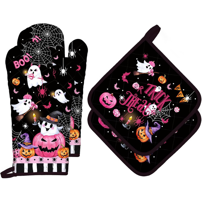 Різдвяний набір із 2 рукавичок для духовки та прихваток Arquiel, 100 бавовняні кулінарні рукавички, термостійкі кухонні рукавички для приготування їжі, різдвяні подарунки на кухню для жінок (Хелловін 01, рукавички для духовки*2 прихватки*2)