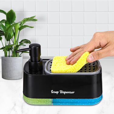 Кухонний набір з дозатором рідини для миття посуду, кухонний дозатор для мила з лотком і тримачем для губки, засіб для миття багаторазового використання, підходить для кухонної мийки (дозатор для мила 3 в 1 чорний)