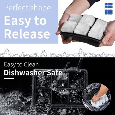 Форма для льоду LessMo XXL, 3 шт., силіконова форма для льоду на 18 отворів з кришкою, великі кубики льоду 4,8 см, штабельовані та придатні для миття в посудомийній машині, без BPA для пива, коктейлів, віскі (2 шт. чорного кольору)