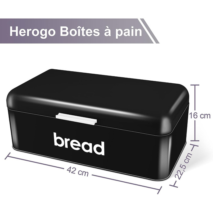 Хлібниця Herogo, Чорна хлібниця з відкидною кришкою, вінтажна металева коробка для зберігання Контейнер для хліба, тостів, печива, великої місткості та сучасного дизайну (42 x 22,5 x 16 см)