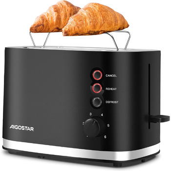 Тостер на 2 скибочки з підігрівом булочок, надширокі слоти для тостів і центрування хліба, 6 рівнів підсмажування, функції скасування, розморожування та розігріву, лоток для крихт, 800 Вт, чорний