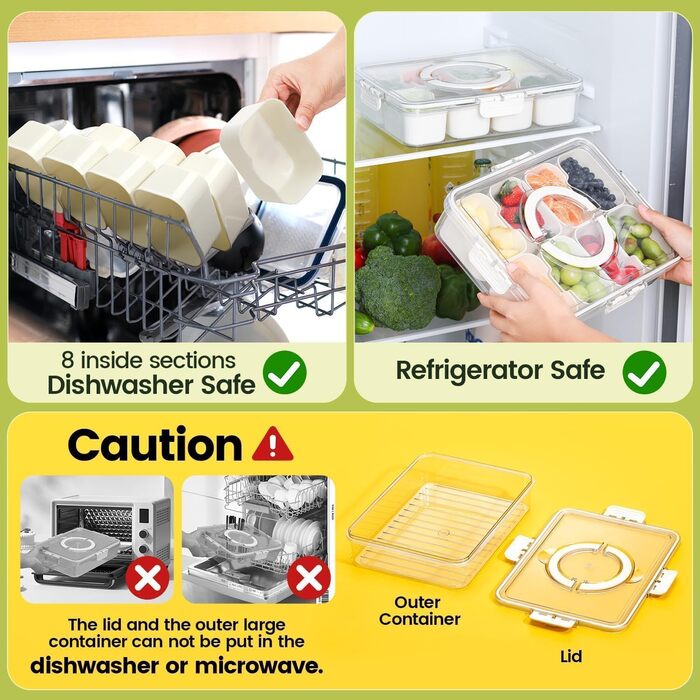 Сервірувальна тарілка для снеків, контейнер для солодощів та горіхів із пластику з кришкою з 8 відділеннями, тарілка для снеків з фруктами, коробка для зберігання десертів, спецій (прозора з 8 відділеннями)