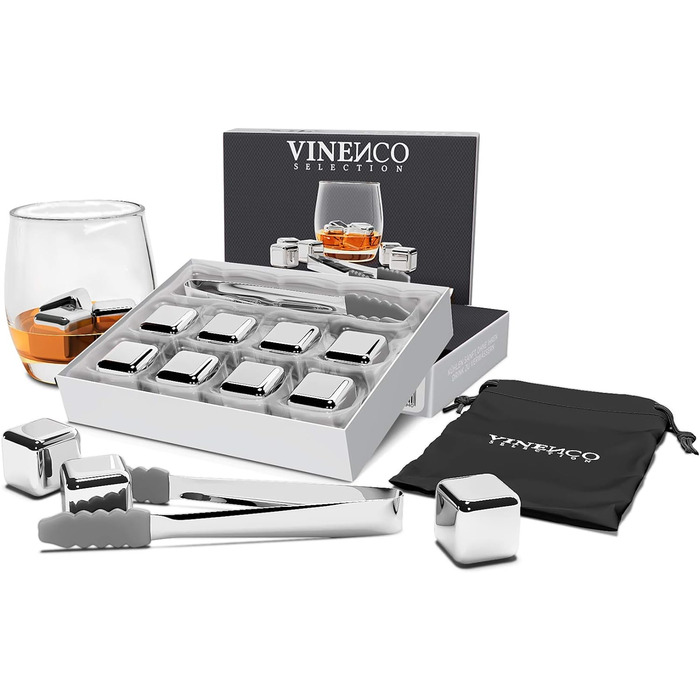 Набір каменів для віскі - 8 багаторазових кубиків льоду, щипці, тканинний мішок, VINENCO